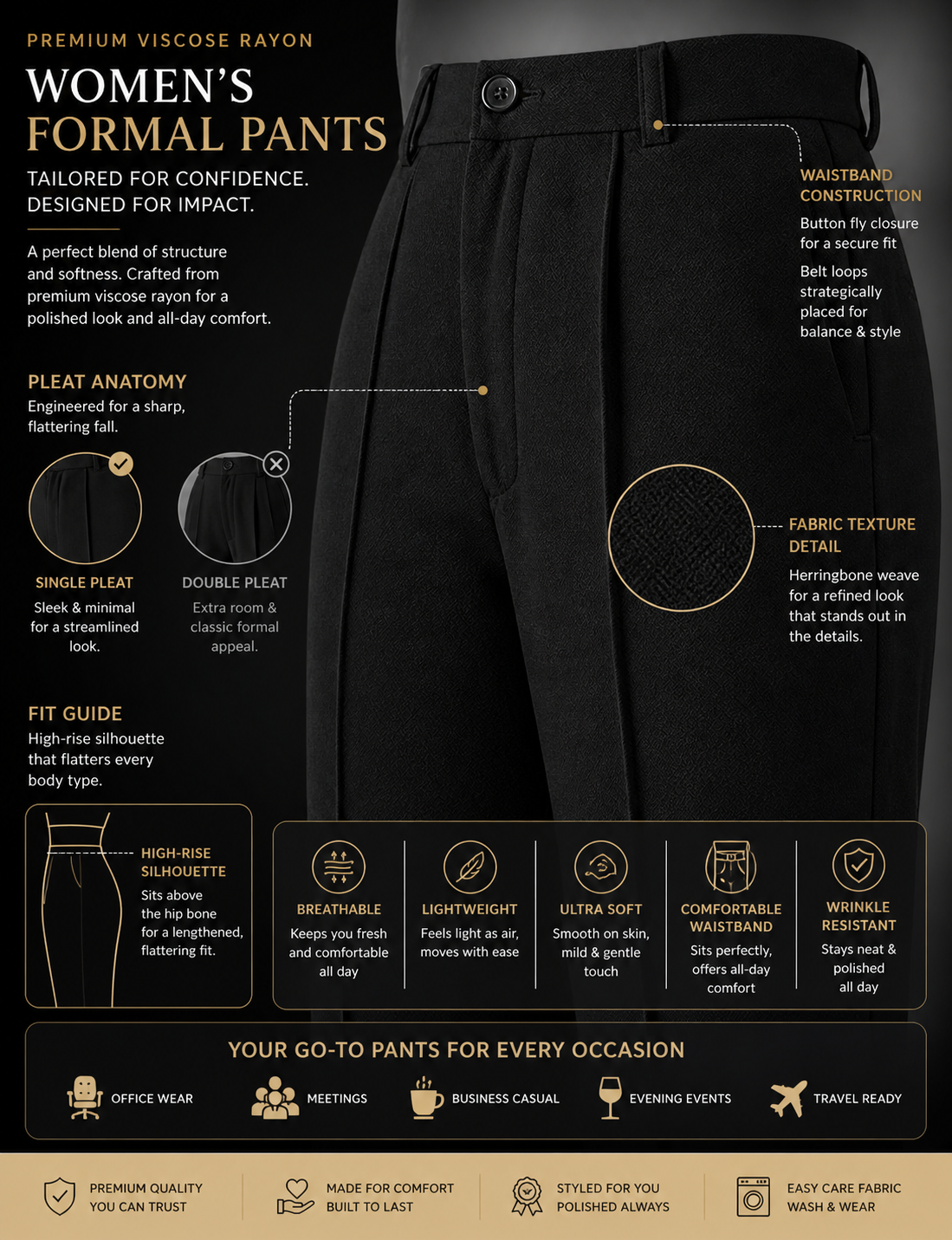 Women’s Formal Trousers | Straight Fit Office Wear Pants | High Waist Comfortable Workwear Pant for Women