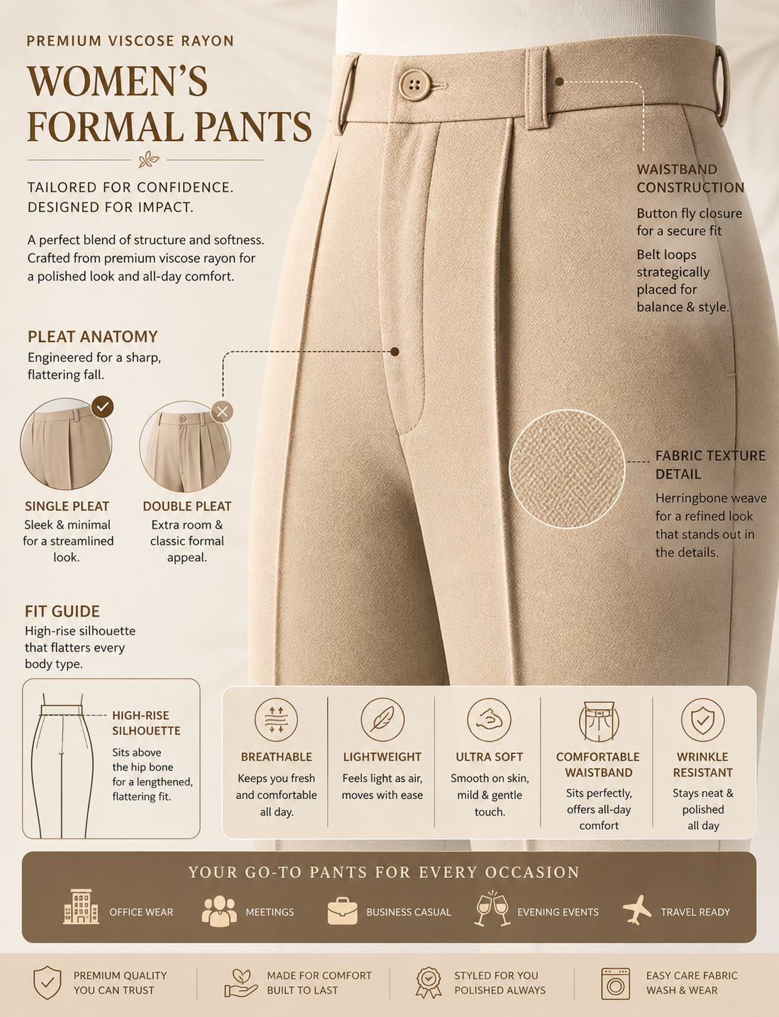 Women’s Formal Trousers | Straight Fit Office Wear Pants | High Waist Comfortable Workwear Pant for Women