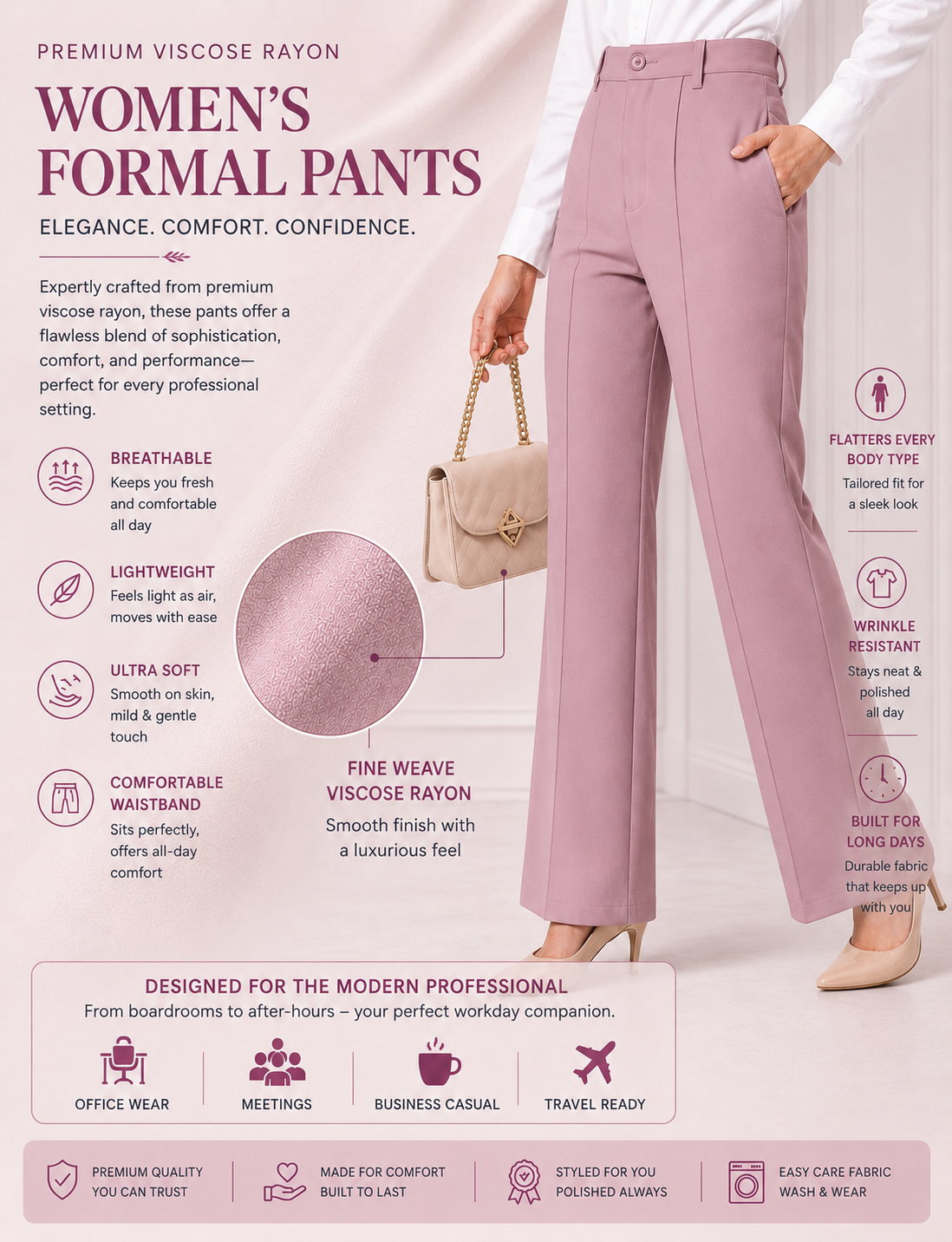 Women’s Formal Trousers | Straight Fit Office Wear Pants | High Waist Comfortable Workwear Pant for Women