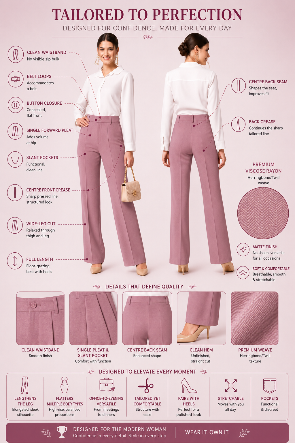 Women’s Formal Trousers | Straight Fit Office Wear Pants | High Waist Comfortable Workwear Pant for Women