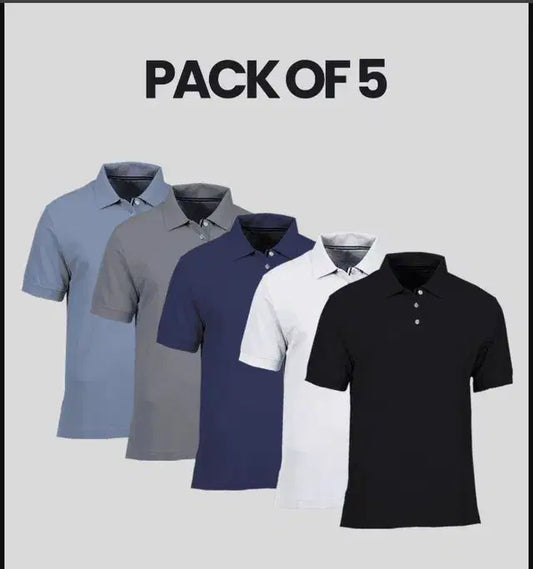 Pack of 5 Men's Cotton Polo T-Shirts – Light Blue, Gray, White & Black