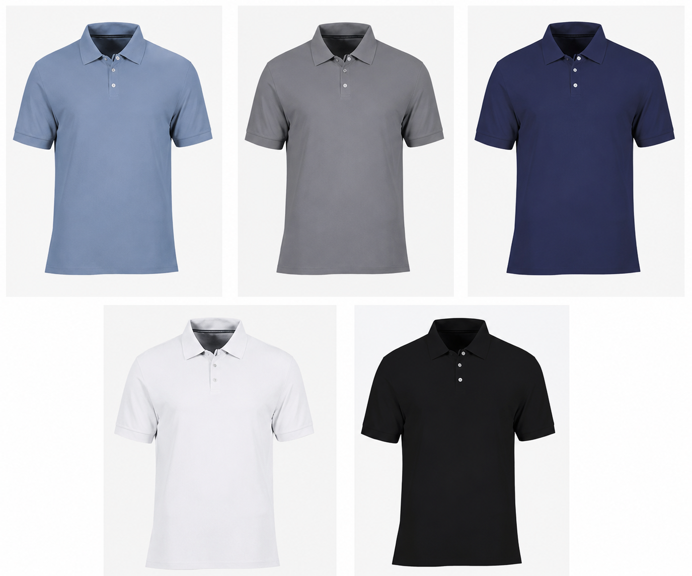 Pack of 5 Men's Cotton Polo T-Shirts – Light Blue, Gray, White & Black