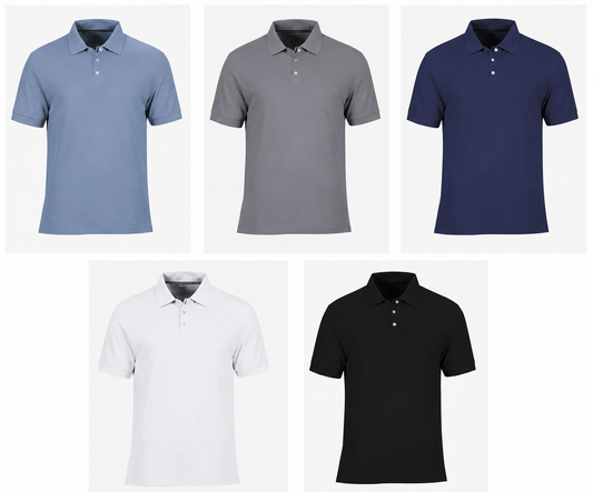 Pack of 5 Men's Cotton Polo T-Shirts – Light Blue, Gray, White & Black